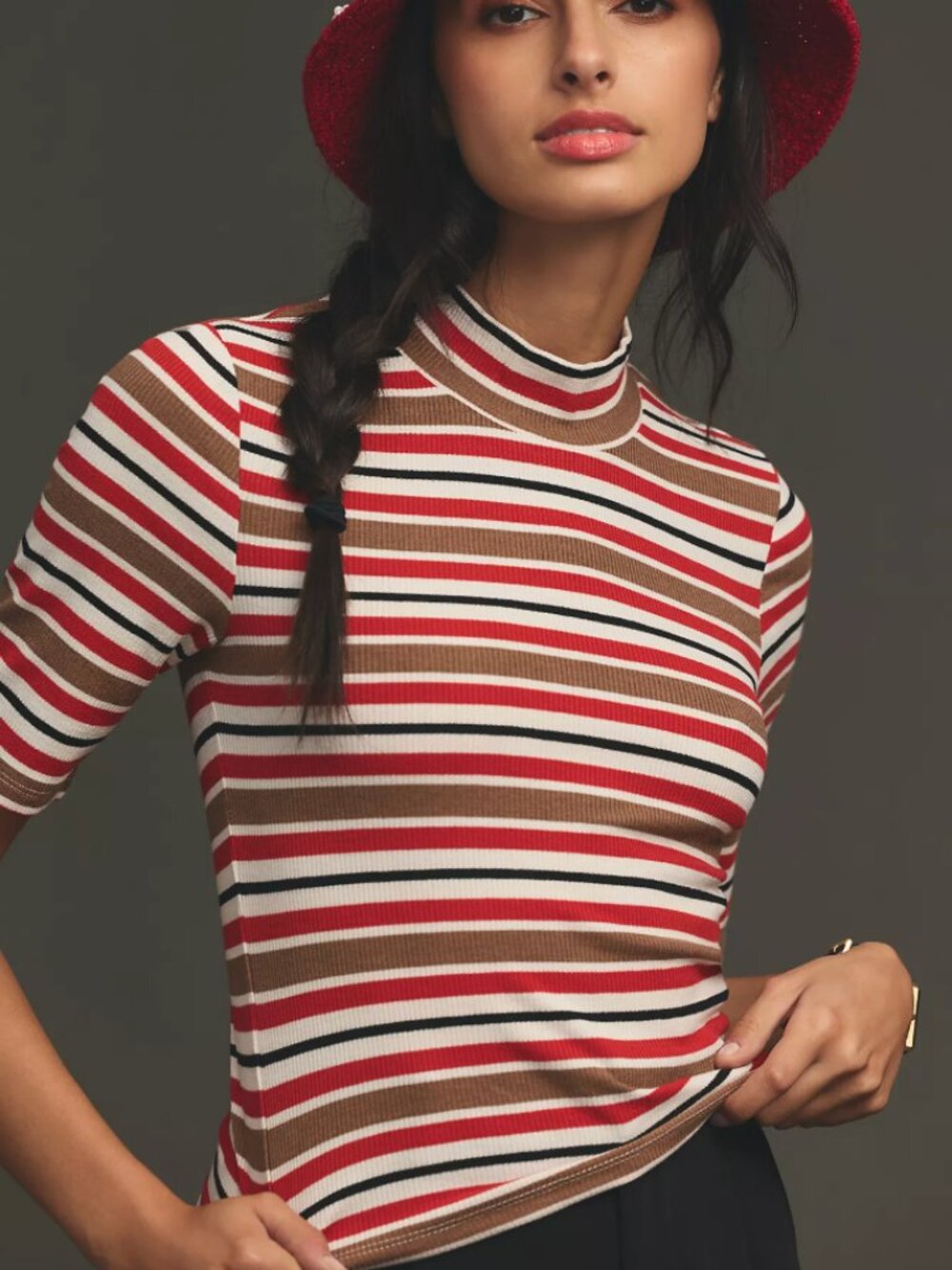 NWT Maeve | Anthropologie Mock-Neck Half-Sleeve Tee Red Stripe | Size XS